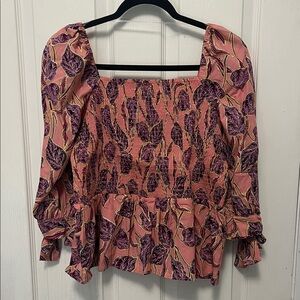 Time and Tru Pink Leaf Patterned Smocked Blouse